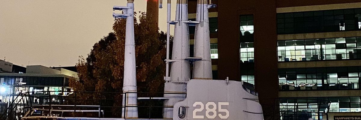 One of the messages displayed onto the USS Balao Conning Tower outside of the U.S. Navy Museum in Washington D.C. on December 12, 2021.