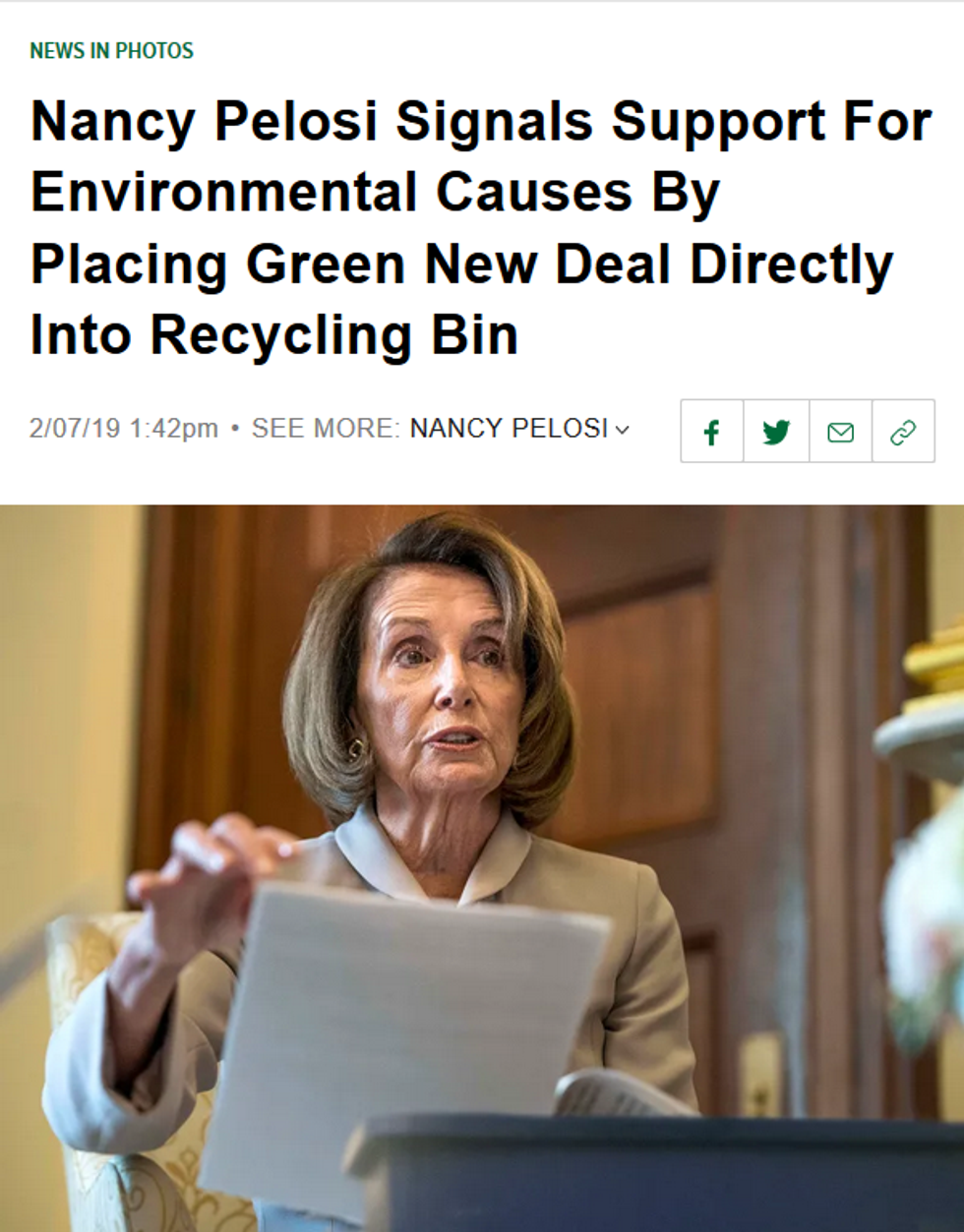 Onion: Nancy Pelosi Signals Support For Environmental Causes By Placing Green New Deal Directly Into Recycling Bin