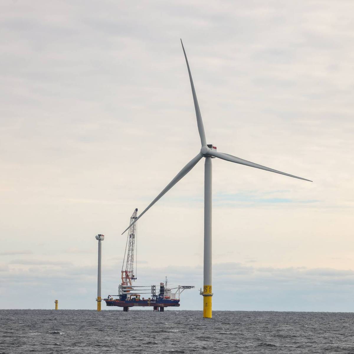 Operational wind turbine of South Fork Wind Farm in the Atlantic Ocean off Long Island
