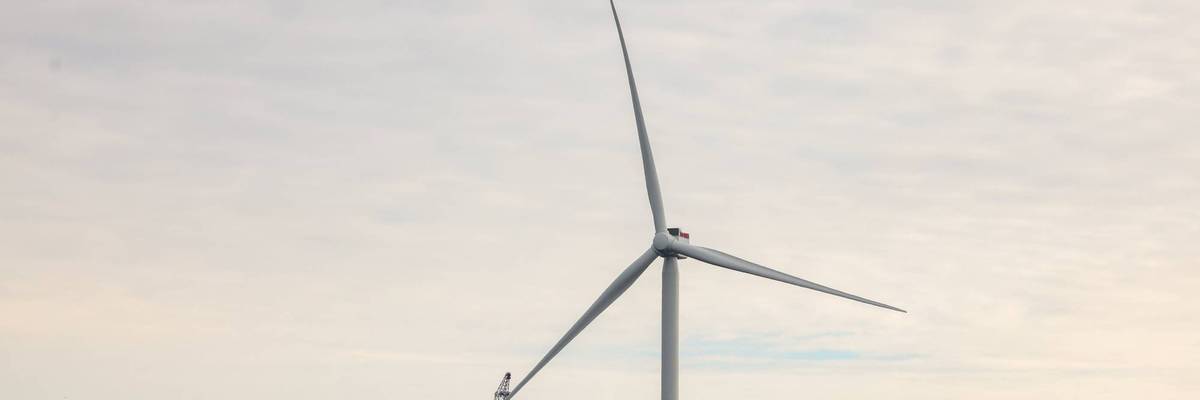 Operational wind turbine of South Fork Wind Farm in the Atlantic Ocean off Long Island