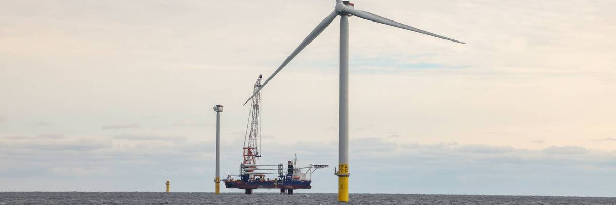 Operational wind turbine of South Fork Wind Farm in the Atlantic Ocean off Long Island
