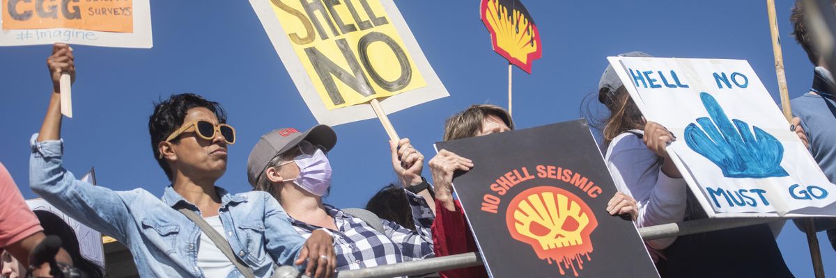 Opponents of Shell's planned seismic blasting protest on November 21, 2021 in Cape Town, South Africa