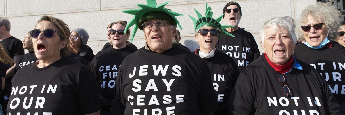 Opponents of the ongoing assault on Gaza by the Israeli military protesting at the Statue of Liberty in New York City on Monday, Nov. 6, 20023.