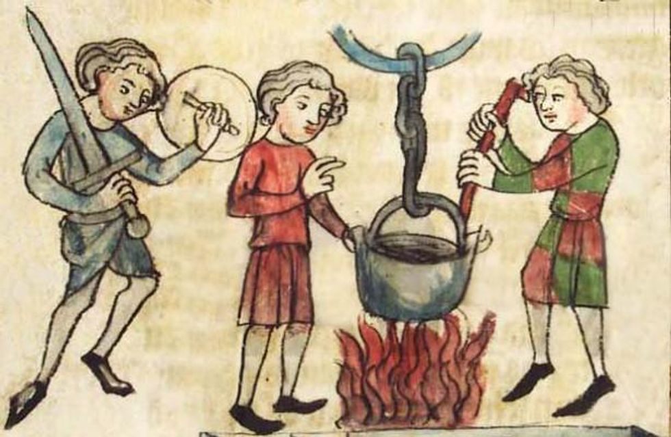 Ordeal of boiling water, illustration from manuscript. Germany cc. 1350-1375. (Wikipedia)