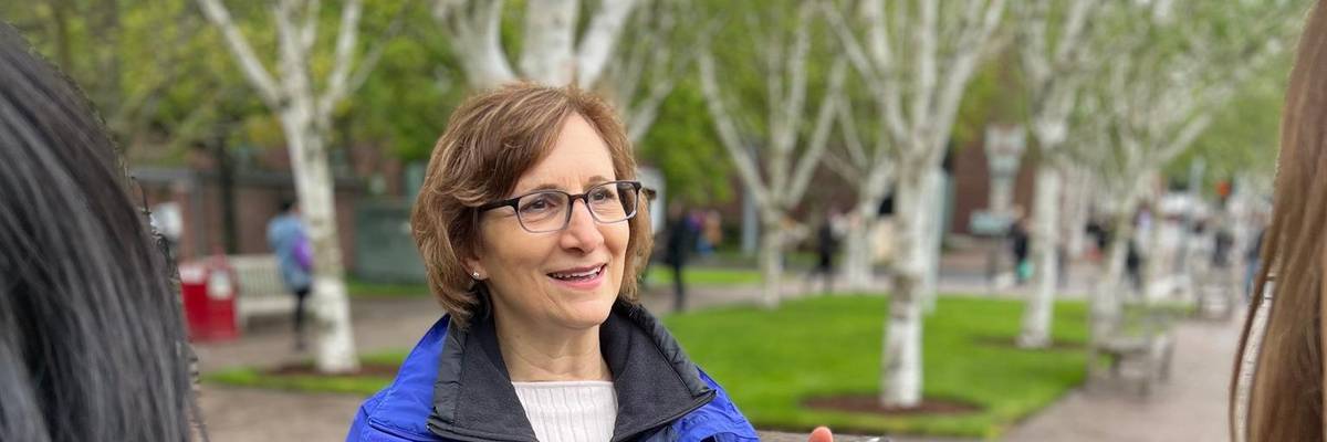 Oregon state Rep. Andrea Salinas, who is poised to win the Democratic primary for her state's 6th U.S. House District, speaks with potential voters on May 11, 2022.