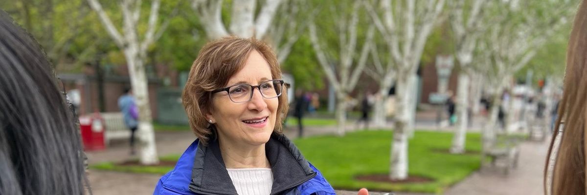 Oregon state Rep. Andrea Salinas, who is poised to win the Democratic primary for her state's 6th U.S. House District, speaks with potential voters on May 11, 2022.