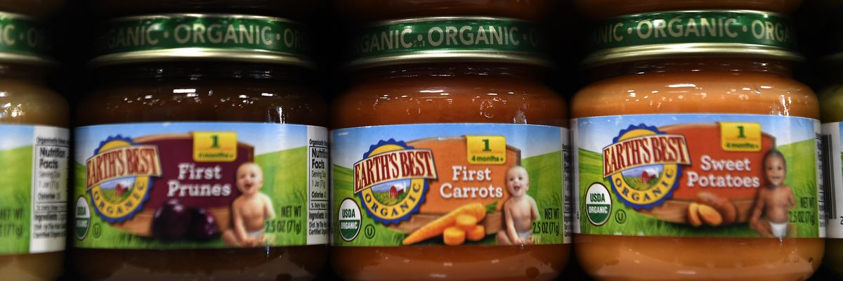 Organic baby food sits on the shelves of a Natural Grocers store in Denver, Colorado on May 30, 2017.