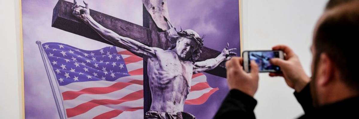 Painting by Albanian artist Avni Delvina during the exhibition 'The Donald'