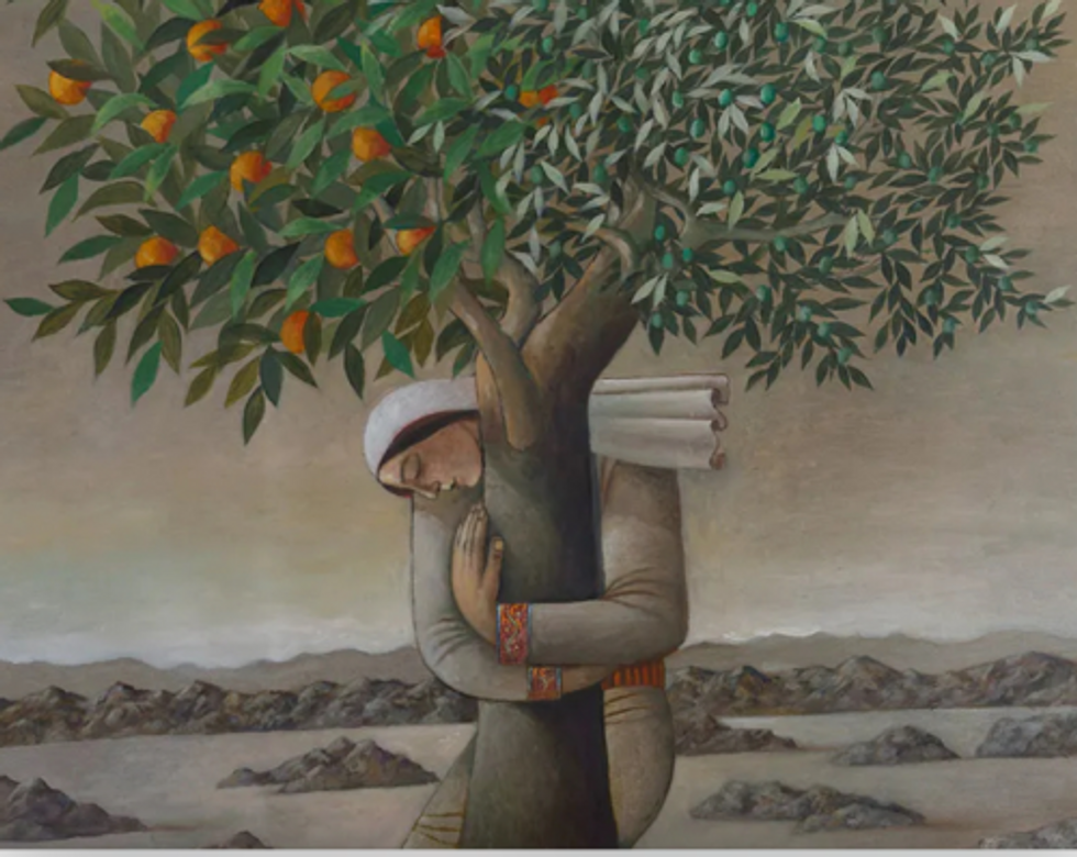 Painting by Sliman Mansour of Palestinian woman hugging an orange tree, symbol of her land