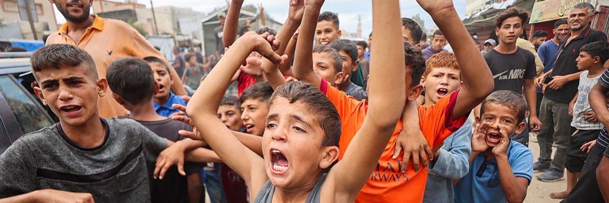 Palestinian children celebrate in Khan Younis