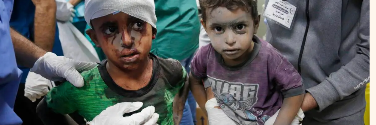 Palestinian children wounded by Israeli airstrike on Al-Maghazi refugee camp at Gaza hospital