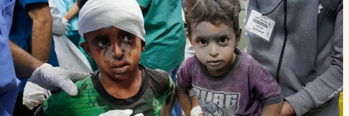 Palestinian children wounded by Israeli airstrike on Al-Maghazi refugee camp at Gaza hospital