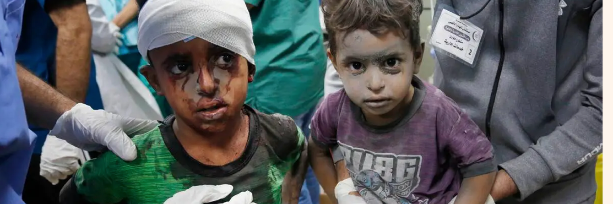 Palestinian children wounded by Israeli airstrike on Al-Maghazi refugee camp at Gaza hospital