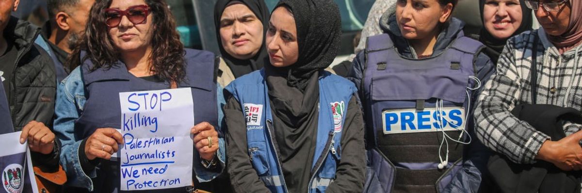 Palestinian women journalist say, "Stop Killing Palestinian Journalists. We Need Protection."