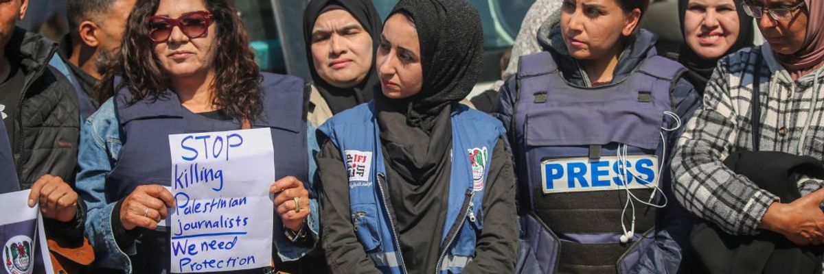 Palestinian women journalist say, "Stop Killing Palestinian Journalists. We Need Protection."