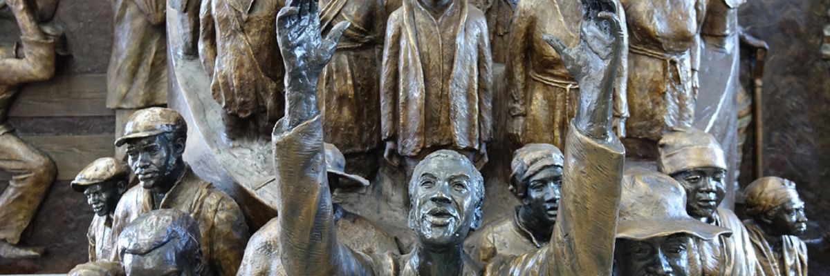 Part of a bronze memorial by artist Ed Dwight to formerly enslaved Texans at Charleston’s International African-American Museum