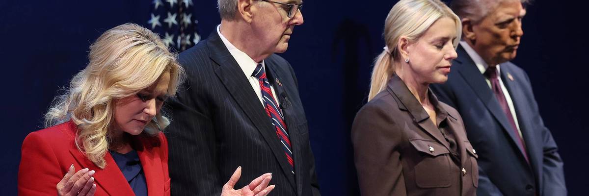 Pastor Paula White, Texas Lt. Gov. Dan Patrick, US Attorney General Pam Bondi, and President Donald Trump