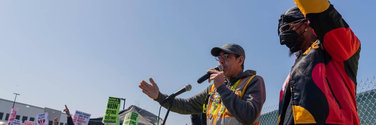 Pat Cioffi and Christian Smalls speak at a rally