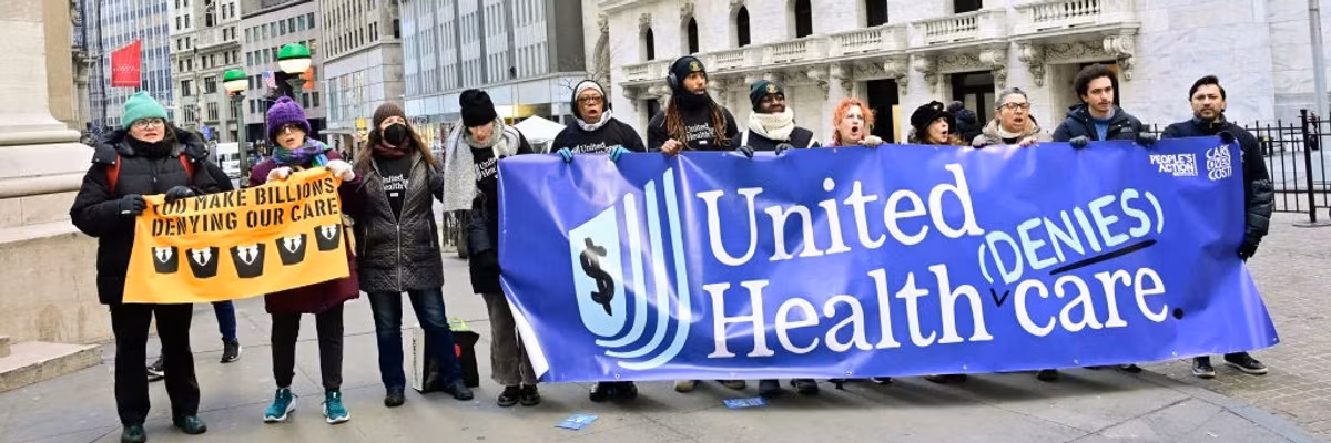 Patients and doctors denounce UnitedHealth on the steps of Wall Street