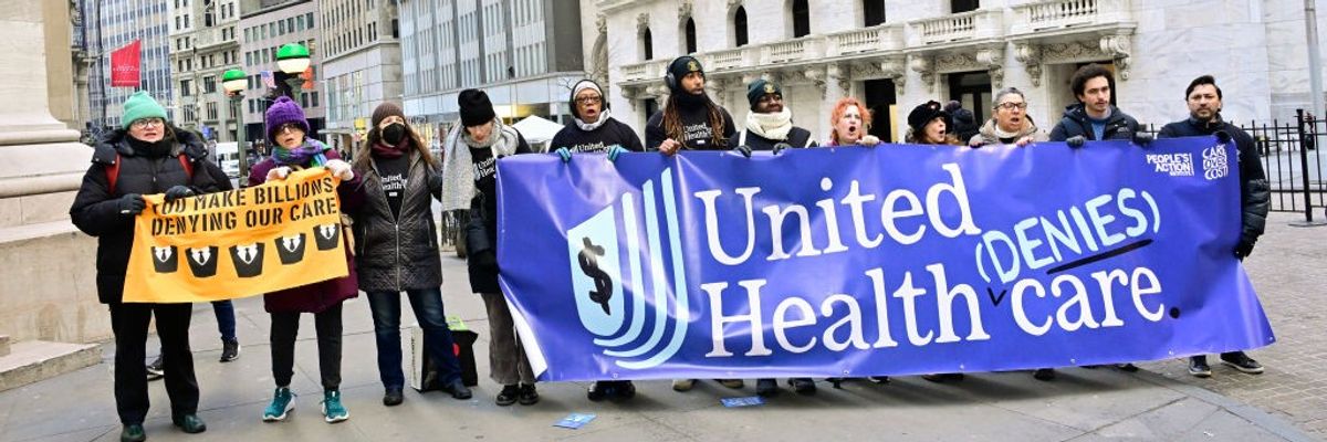 Patients and doctors denounce UnitedHealth on the steps of Wall Street
