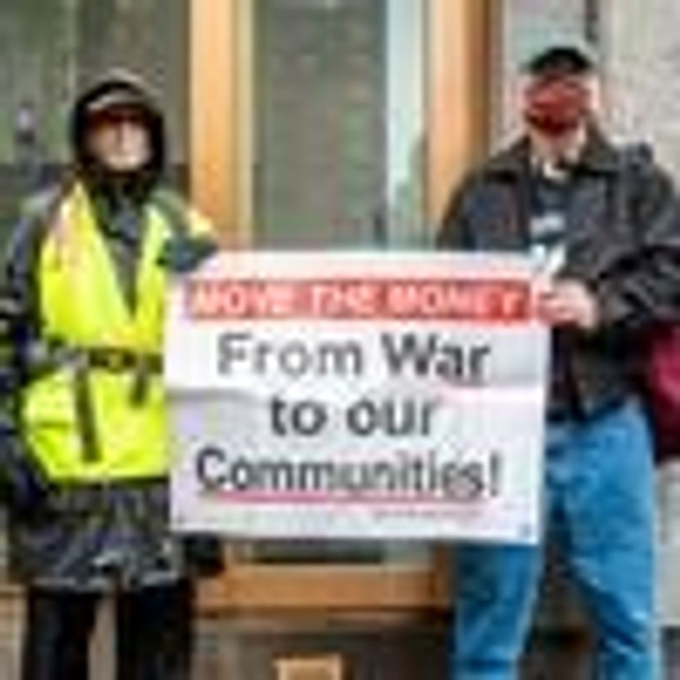 Peace activists gathered outside the Internal Revenue Service offices in Manhattan on April 15, 2021 to protest against spending federal tax dollars on the Pentagon and U.S. wars.