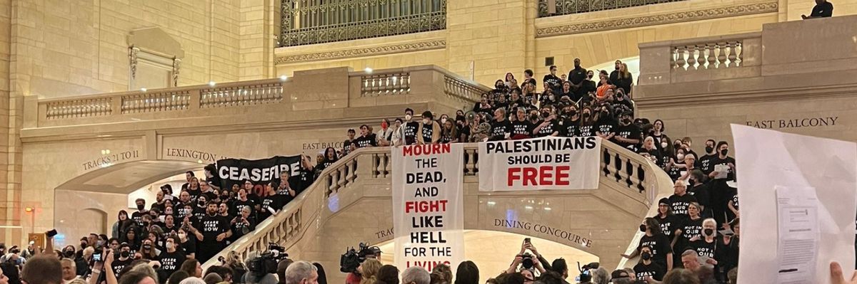 Peace protesters flood Grand Central Station in New York to call for a Gaza cease-fire.