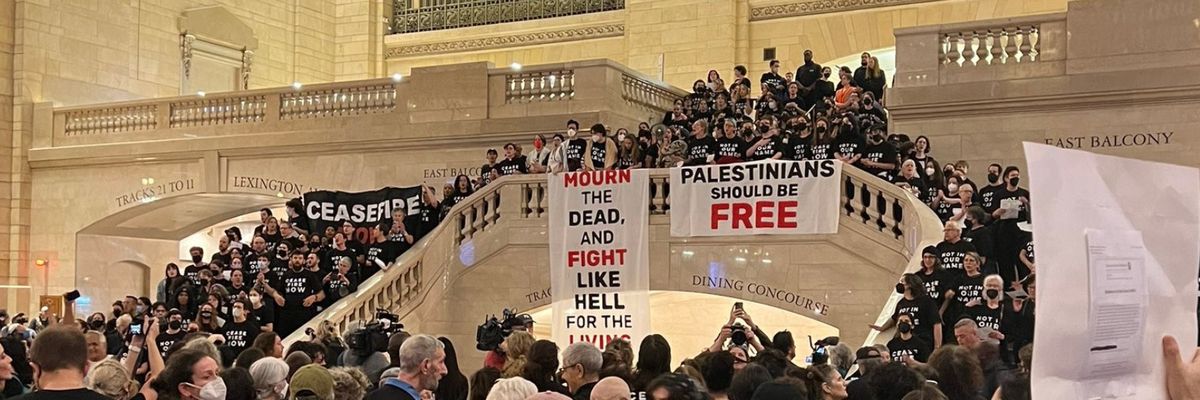 Peace protesters flood Grand Central Station in New York to call for a Gaza cease-fire.
