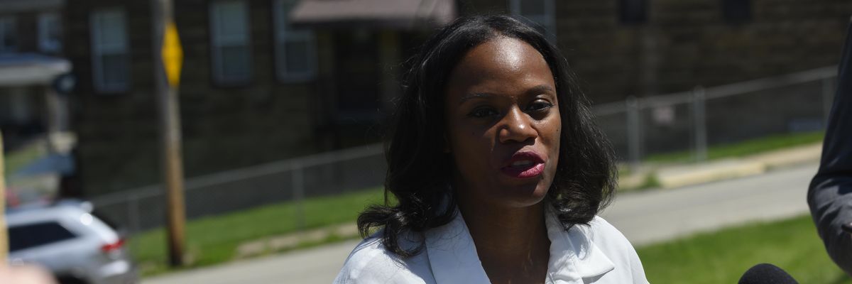 Pennsylvania Democratic congressional candidate Summer Lee talks to the press outside of a polling station on May 17, 2022 in Pittsburgh.