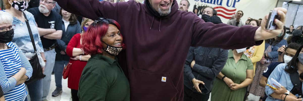 Pennsylvania Lt. Gov. John Fetterman (D) greets supporters while campaigning for U.S. Senate at the UFCW Local 1776 KS headquarters in Plymouth Meeting on April 16, 2022.