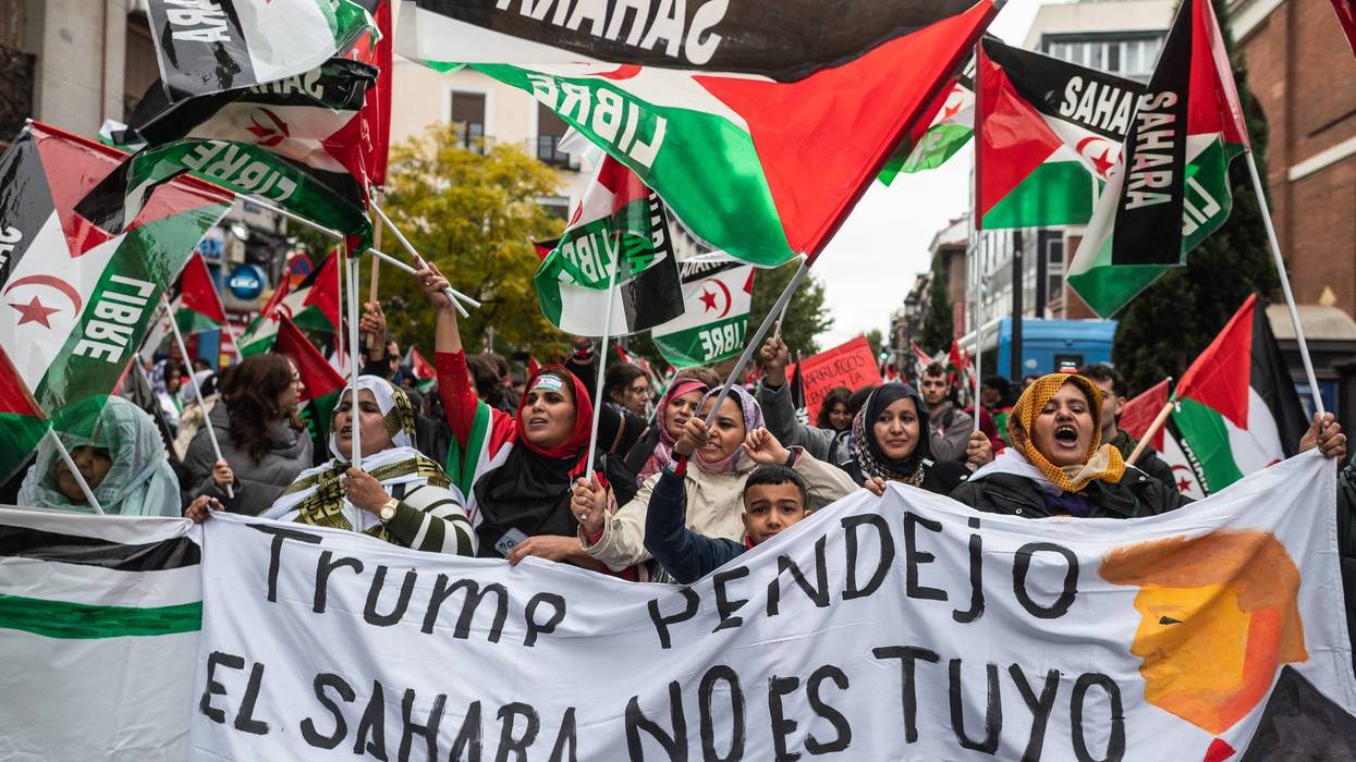 People carry a banner reading "Trump, asshole, the Sahara is not yours"