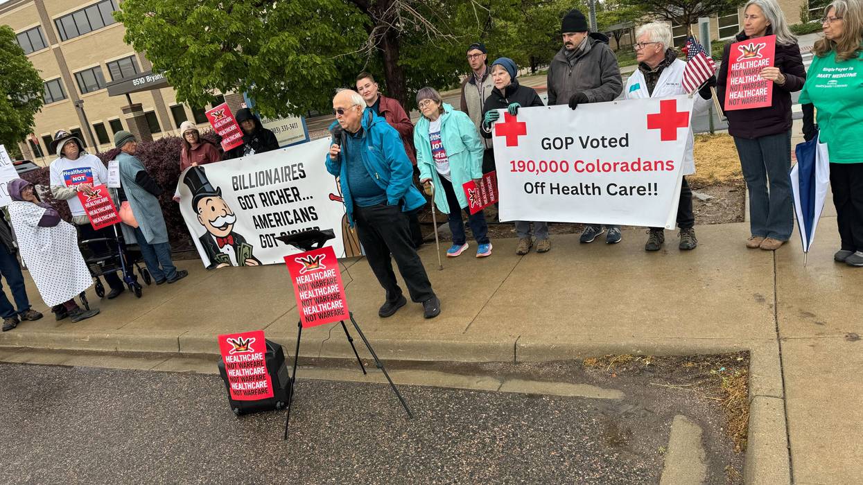 People gather in Westminster, Colorado to protest healthcare cuts on May 5, 2026.