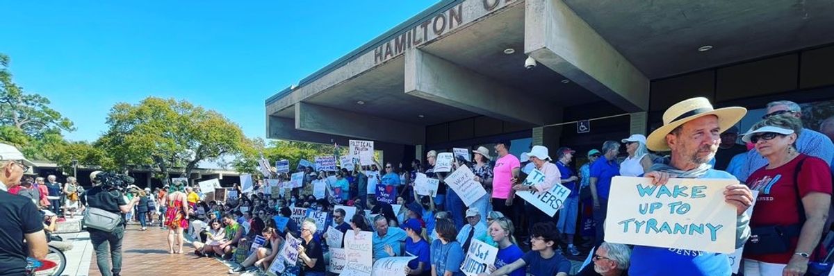 People gather to defend academic freedom at the New College of Florida in Sarasota on February 28, 2023.