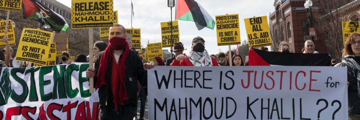 People march in a protest calling for the release of Mahmoud Khalil