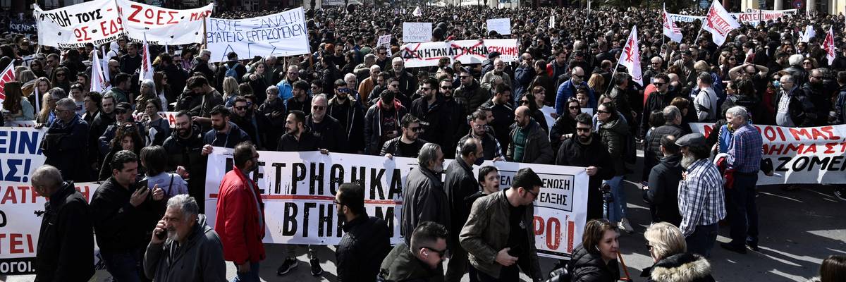 People march in Thessaloniki, Greece on March 8, 2023.