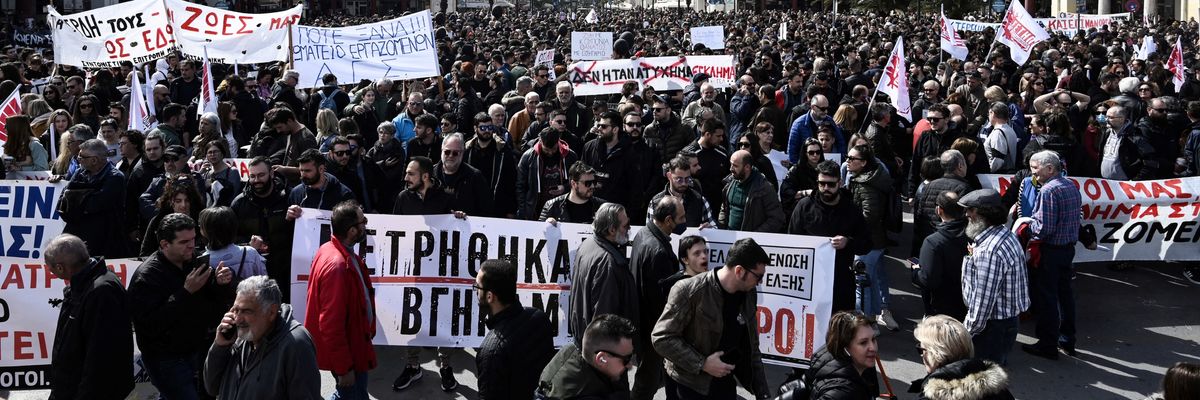 People march in Thessaloniki, Greece on March 8, 2023.