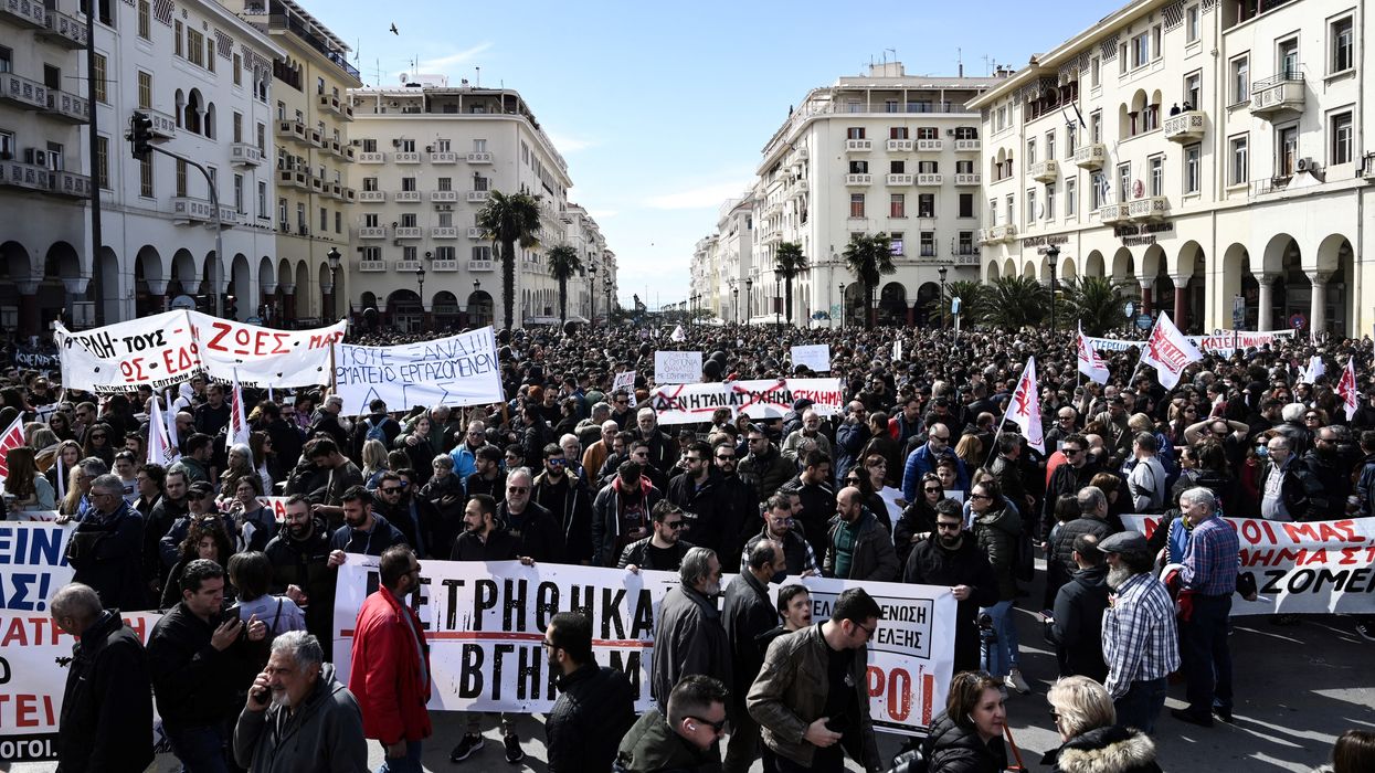 People march in Thessaloniki, Greece on March 8, 2023.
