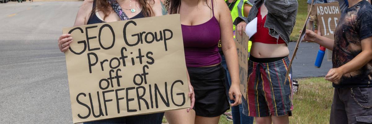 People protest GEO Group outside an ICE facility in Michigan