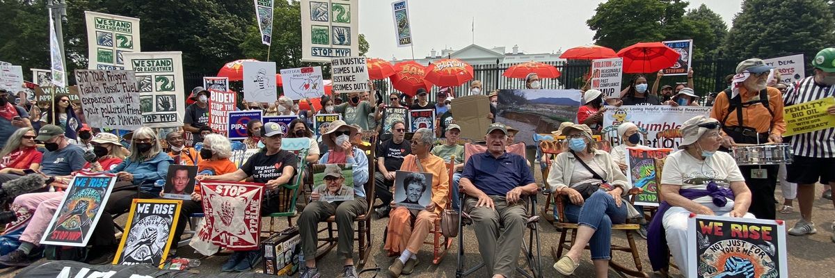 People protest the approval of the Mountain Valley Pipeline outside the White House on June 8, 2023.