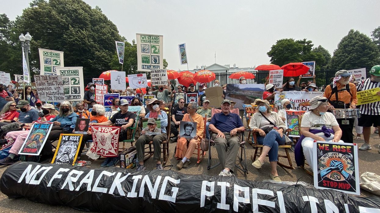 People protest the approval of the Mountain Valley Pipeline outside the White House on June 8, 2023.