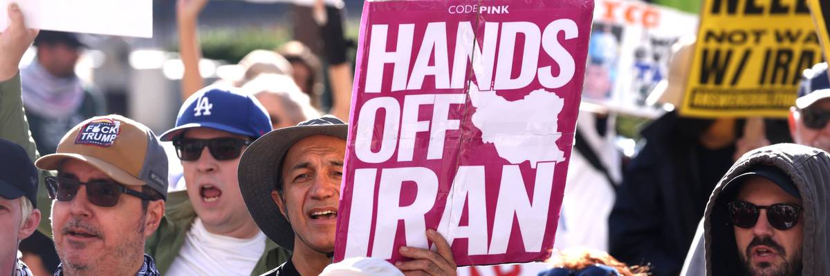 People protest the Iran War.