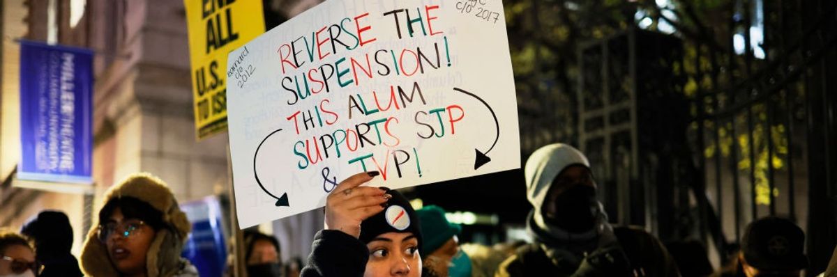 People protest the suspension of Columbia University student groups