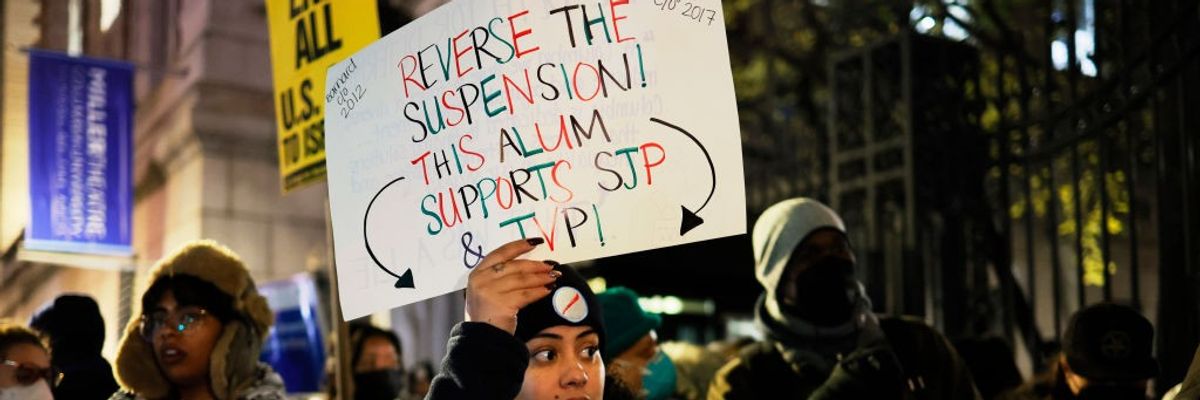 People protest the suspension of Columbia University student groups