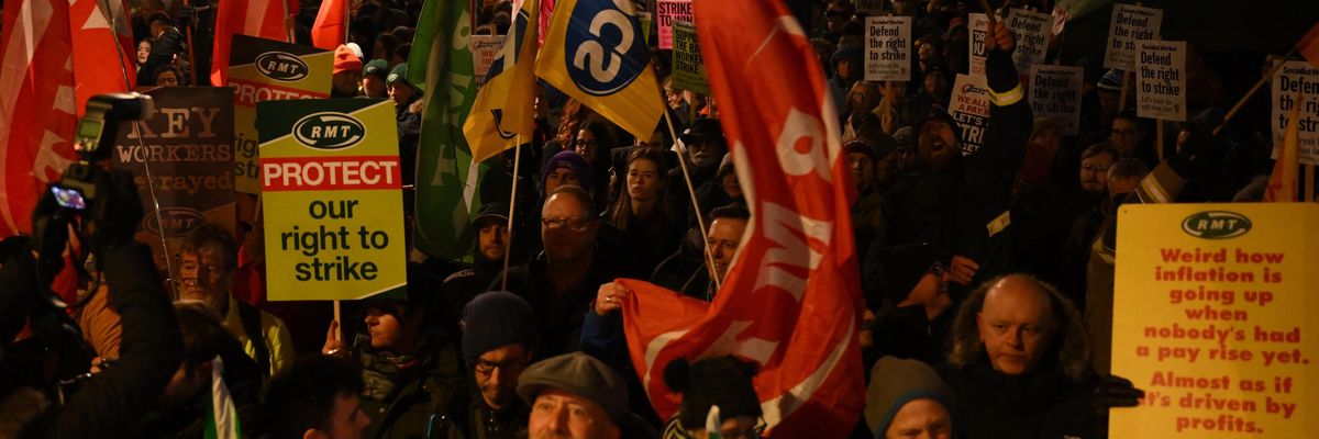 People protest the Tories' anti-strike bill in London on January 16, 2023.