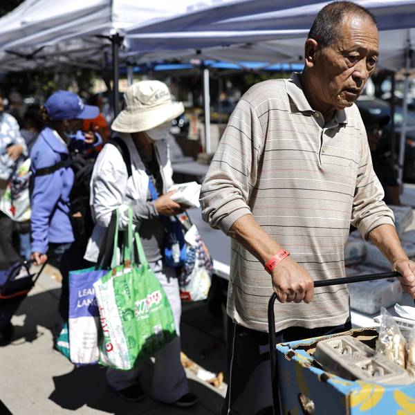 People queue at a California food pantry