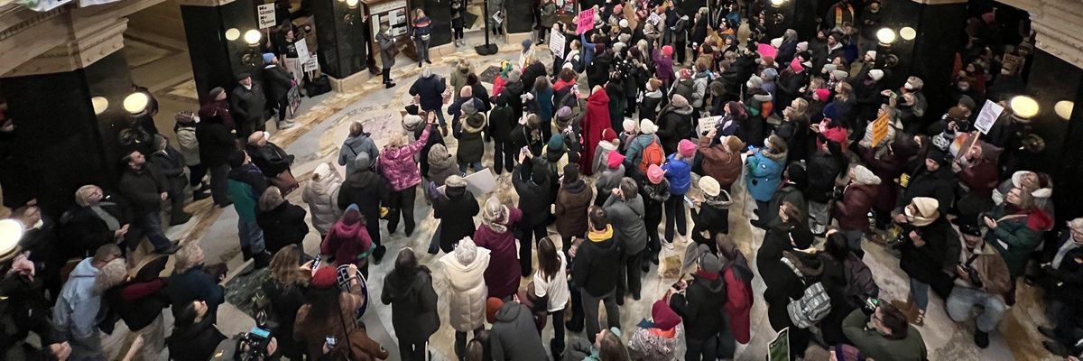 People rally for abortion rights at the Wisconsin state capitol in Madison on January 22, 2023.