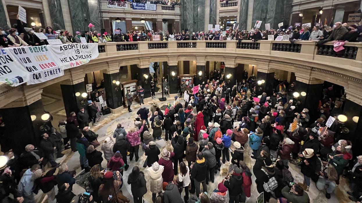 People rally for abortion rights at the Wisconsin state capitol in Madison on January 22, 2023.