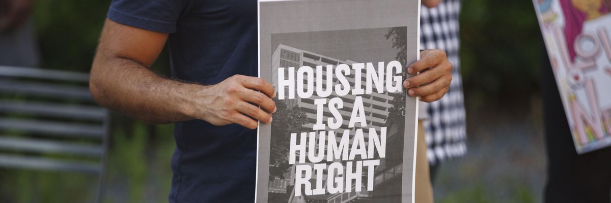 People rally for affordable housing in Columbus, Ohio on June 30, 2021.