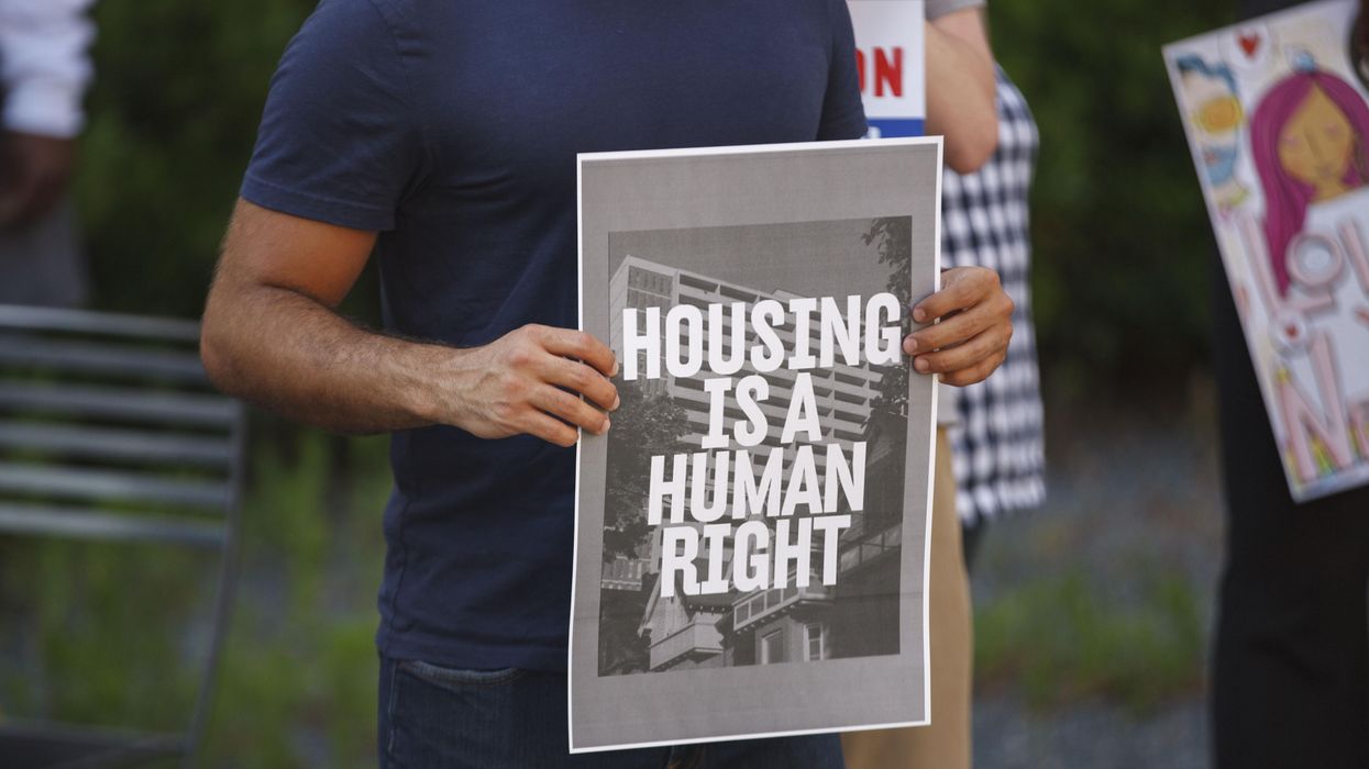 People rally for affordable housing in Columbus, Ohio on June 30, 2021.