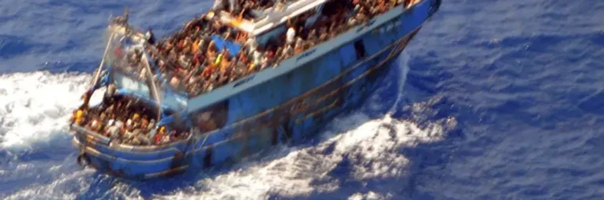 People seeking refuge in Europe on board a boat during a rescue operation