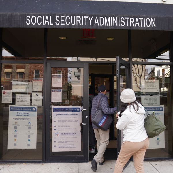 People step into an office of the Social Security Administration